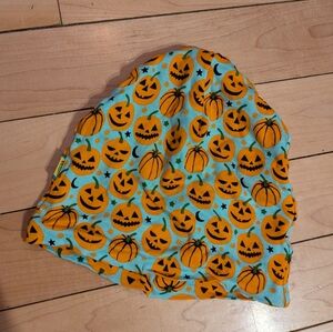 Kids Organic Cotton Halloween Pumpkin Beanie Hat - Orange Light Blue - 10 Years